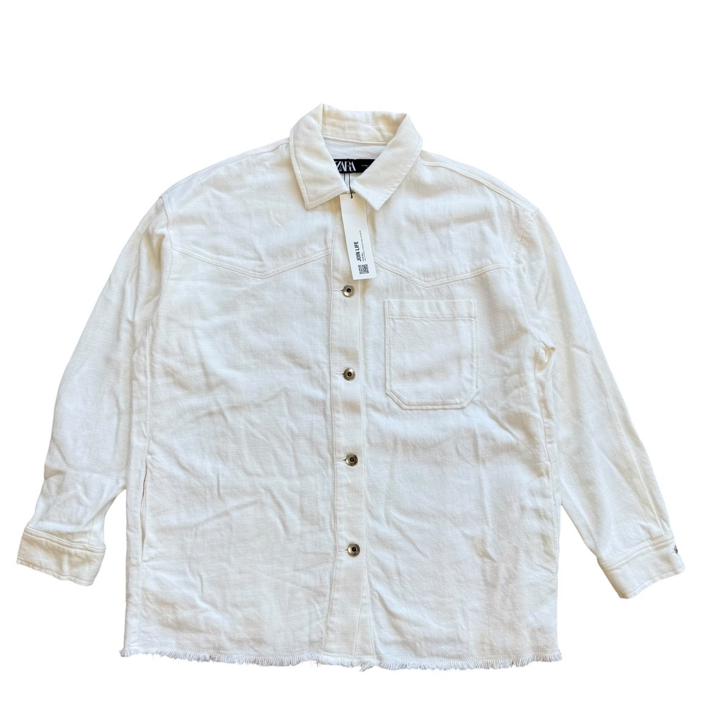 Zara Women White Denim Shacket Oversized Frayed Hem Cotton Jacket XS NEW